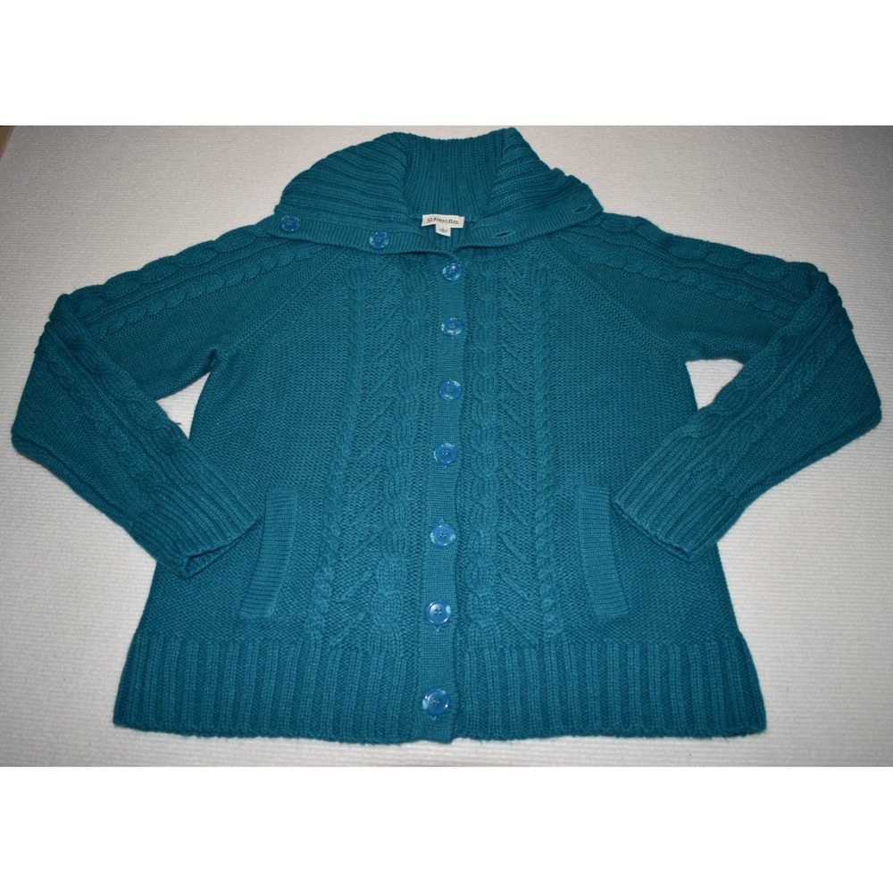St. Johns Bay Womens Cable Knit Button Front Sweater Cyan Size Large